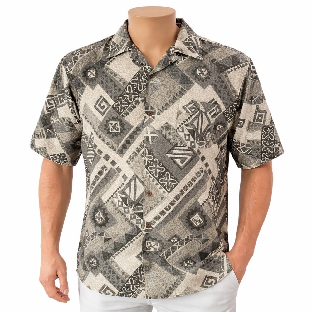 Island Republic Hawaiian Aloha Shirt Large Tribal Symbols Floral Geometric